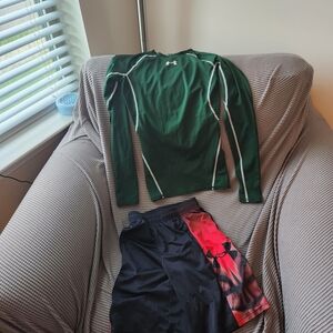 Under Armour Green Long Sleeve Shirt and Black Red Shorts